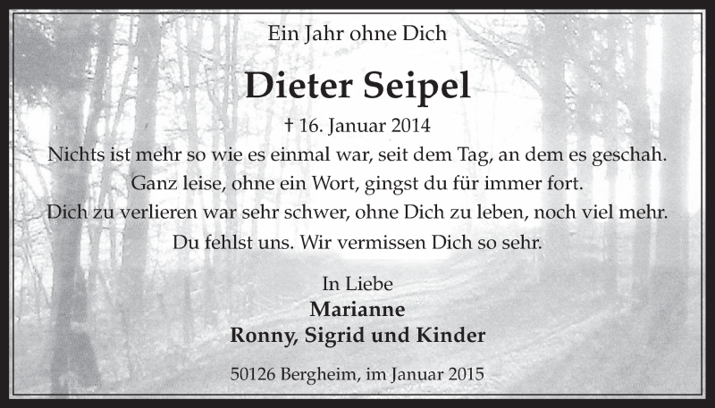  Traueranzeige für Dieter Seipel vom 14.01.2015 aus  Werbepost 