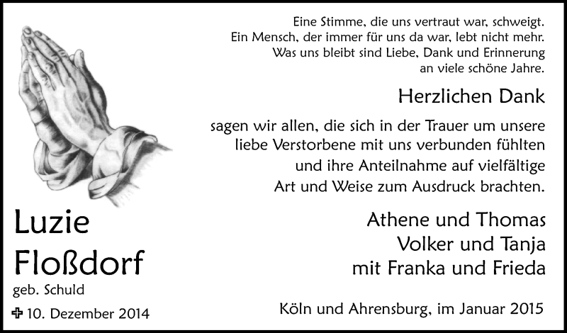  Traueranzeige für Luzie Floßdorf vom 04.01.2015 aus  Blickpunkt Euskirchen 