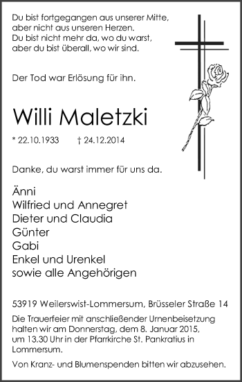 Anzeige von Willi Maletzki von  Blickpunkt Euskirchen 