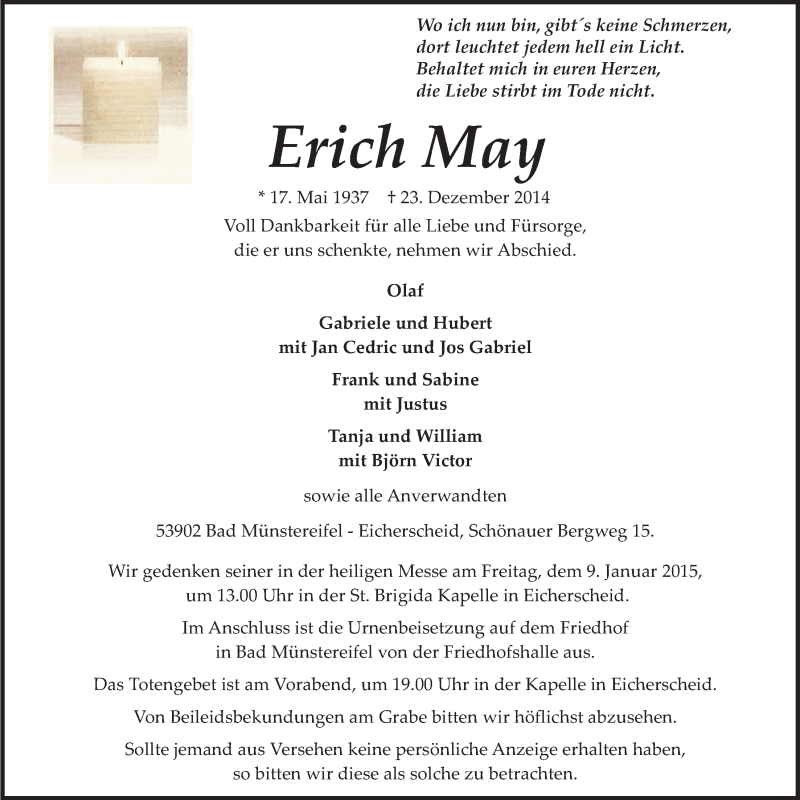  Traueranzeige für Erich May vom 04.01.2015 aus  Blickpunkt Euskirchen 