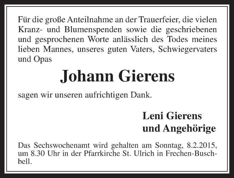  Traueranzeige für Johann Gierens vom 10.01.2015 aus  Sonntags-Post 