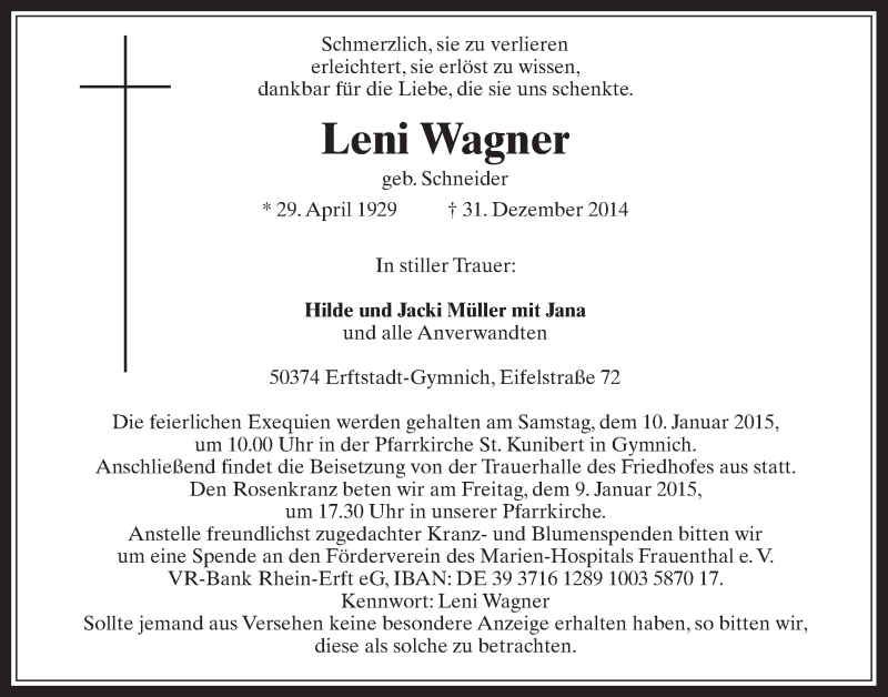  Traueranzeige für Leni Wagner vom 07.01.2015 aus  Wochenende  Werbepost 
