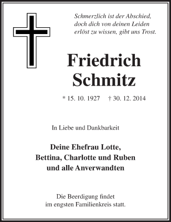 Anzeige von Friedrich Schmitz von  Bergisches Handelsblatt 