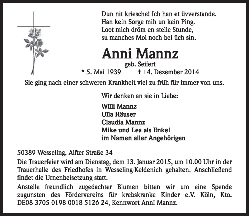  Traueranzeige für Anni Mannz vom 07.01.2015 aus  Schlossbote/Werbekurier 