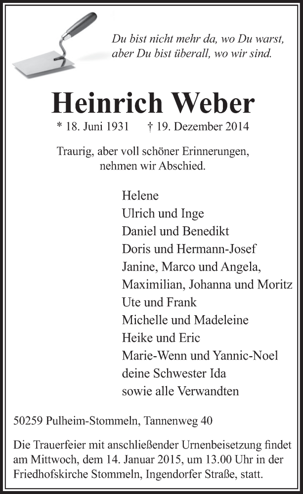  Traueranzeige für Heinrich Weber vom 10.01.2015 aus  Sonntags-Post 
