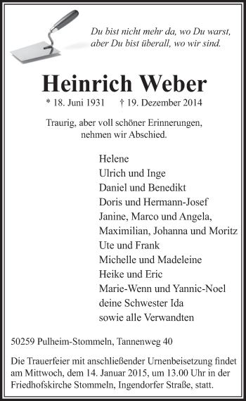 Anzeige von Heinrich Weber von  Sonntags-Post 