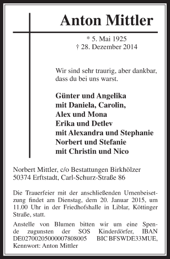 Anzeige von Anton Mittler von  Werbepost 