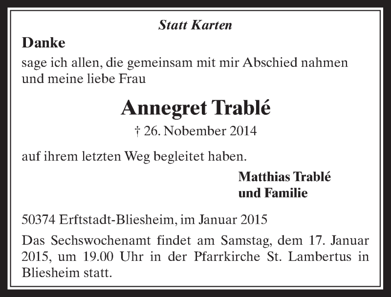  Traueranzeige für Annegret Trablé vom 07.01.2015 aus  Werbepost 