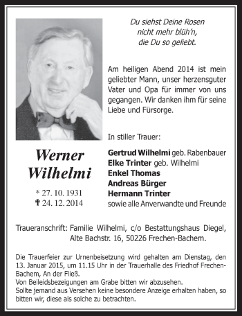 Anzeige von Werner Wilhelmi von  Wochenende 