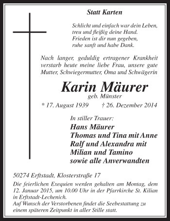 Anzeige von Karin Mäurer von  Werbepost 