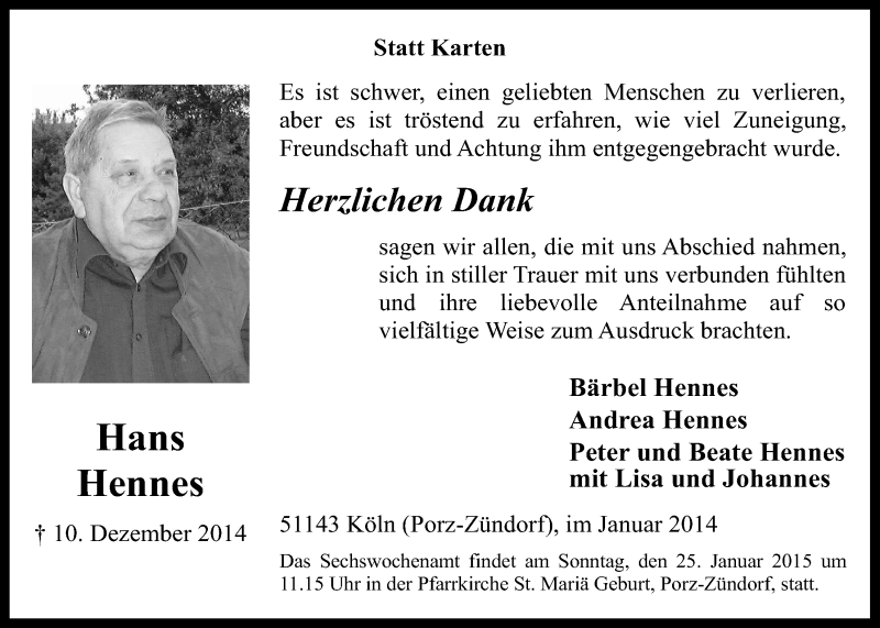  Traueranzeige für Hans Hennes vom 07.01.2015 aus  Kölner Wochenspiegel 