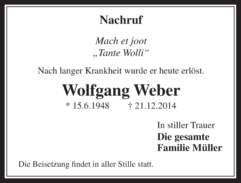  Traueranzeige für Wolfgang Weber vom 10.01.2015 aus  Sonntags-Post 