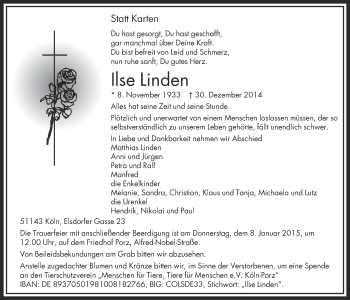 Anzeige von Ilse Linden von  Kölner Wochenspiegel 
