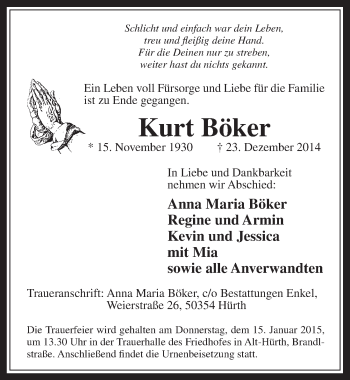 Anzeige von Kurt Böker von  Wochenende 
