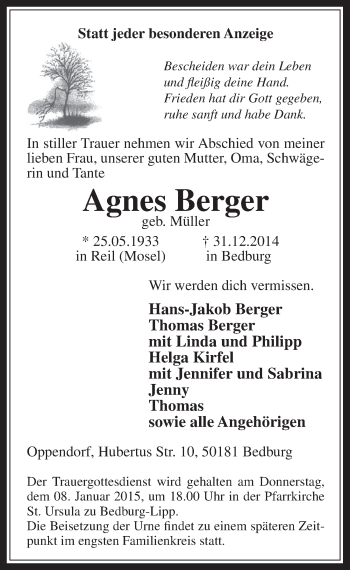 Anzeige von Agnes Berger von  Werbepost 