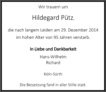 Anzeige von Hildegard Pütz von  Kölner Wochenspiegel 
