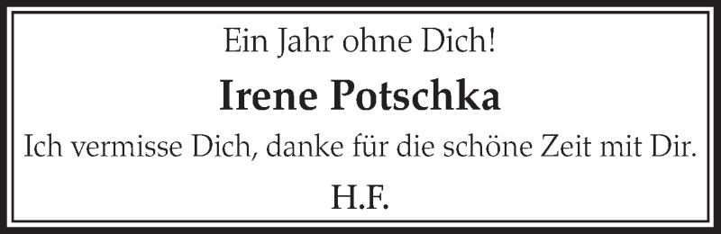  Traueranzeige für Irene Potschka vom 07.01.2015 aus  Schlossbote/Werbekurier 