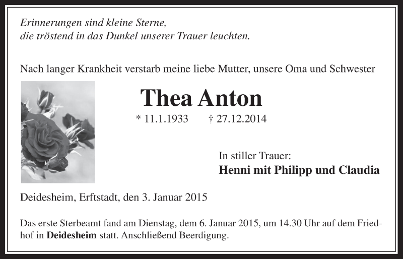  Traueranzeige für Thea Anton vom 07.01.2015 aus  Werbepost 