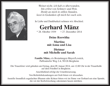 Anzeige von Gerhard Mänz von  Werbepost 