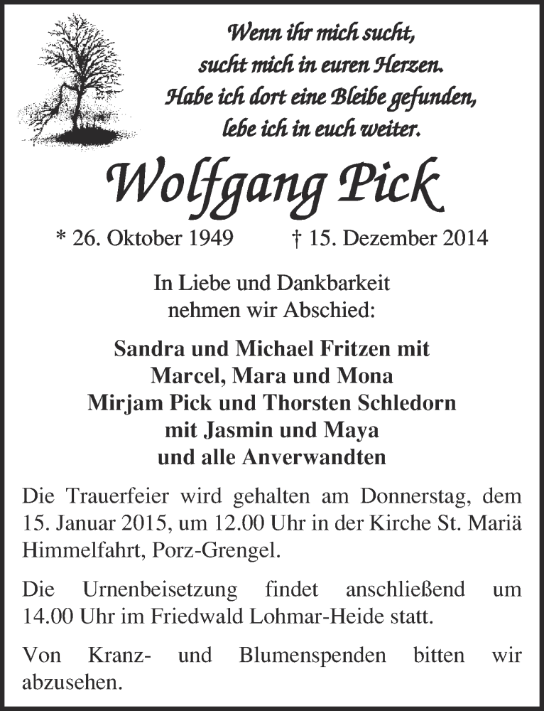  Traueranzeige für Wolfgang Pick vom 07.01.2015 aus  Kölner Wochenspiegel 