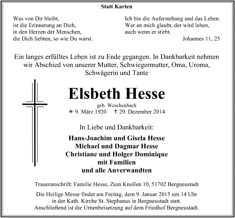  Traueranzeige für Elsbeth Hesse vom 07.01.2015 aus  Anzeigen Echo 