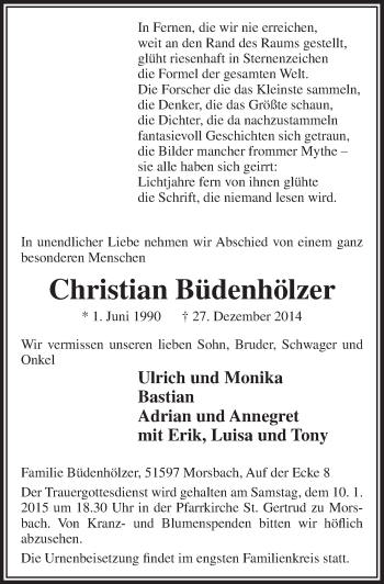 Anzeige von Christian Büdenhölzer von  Lokalanzeiger 