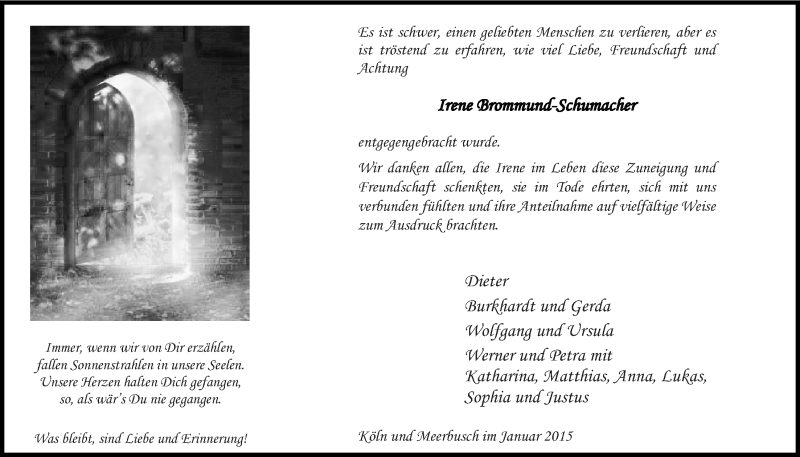  Traueranzeige für Irene Brommund-Schumacher vom 14.01.2015 aus  Kölner Wochenspiegel 
