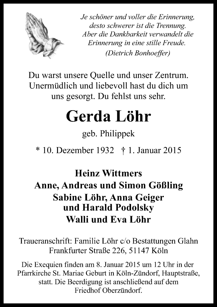  Traueranzeige für Gerda Löhr vom 07.01.2015 aus  Kölner Wochenspiegel 