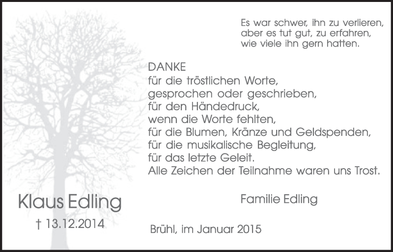  Traueranzeige für Klaus Edling vom 07.01.2015 aus  Schlossbote/Werbekurier 