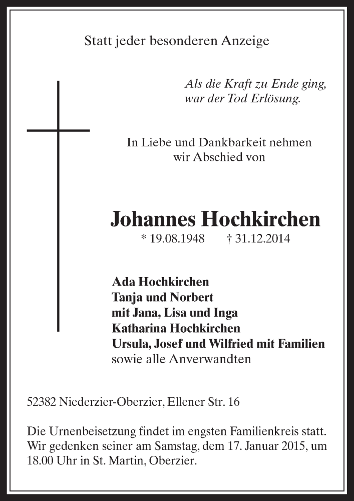  Traueranzeige für Johannes Hochkirchen vom 07.01.2015 aus  Werbepost 