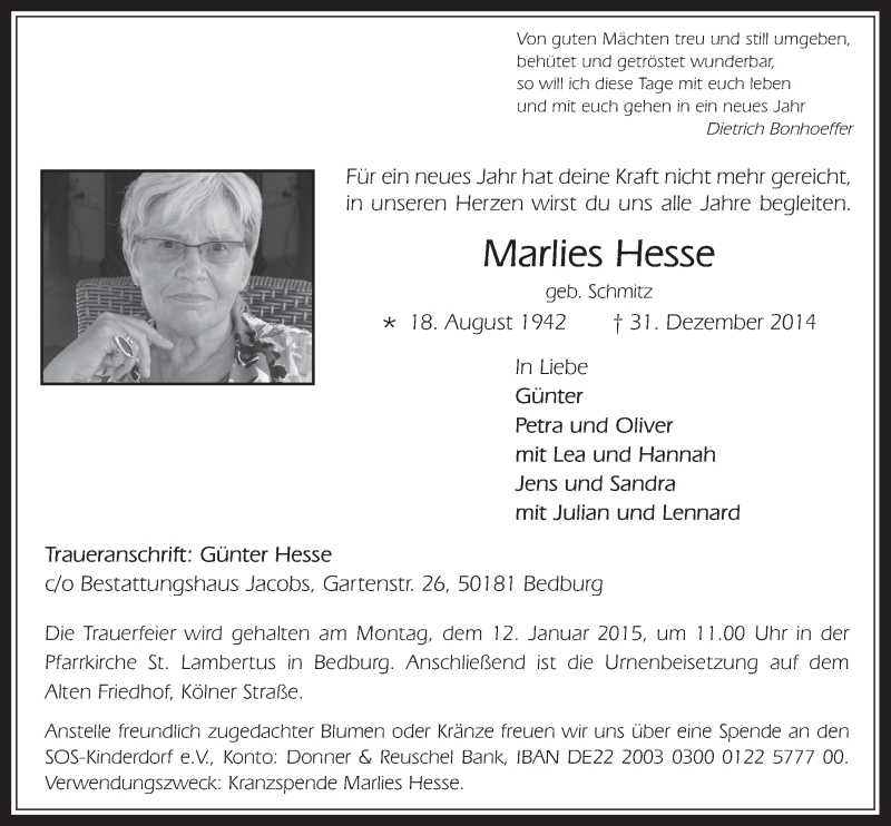  Traueranzeige für Marlies Hesse vom 07.01.2015 aus  Werbepost 