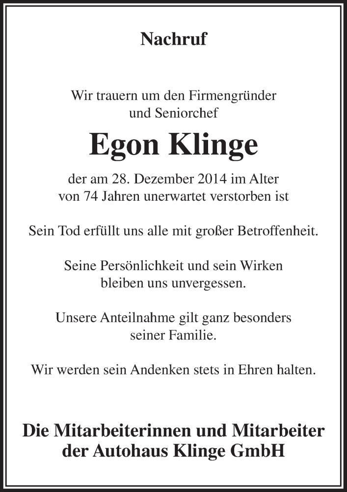  Traueranzeige für Egon Klinge vom 07.01.2015 aus  Lokalanzeiger 