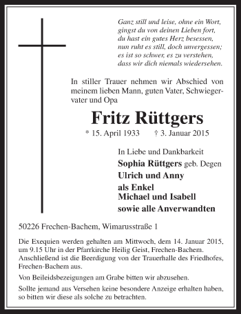 Anzeige von Fritz Rüttgers von  Wochenende 