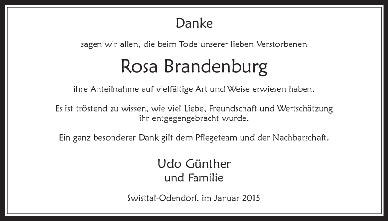  Traueranzeige für Rosa Brandenburg vom 07.01.2015 aus  Schaufenster/Blickpunkt 