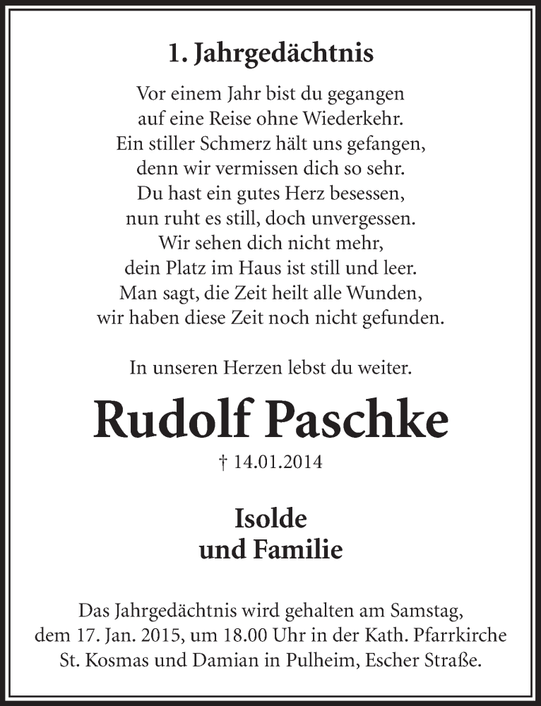  Traueranzeige für Rudolf Paschke vom 10.01.2015 aus  Sonntags-Post 