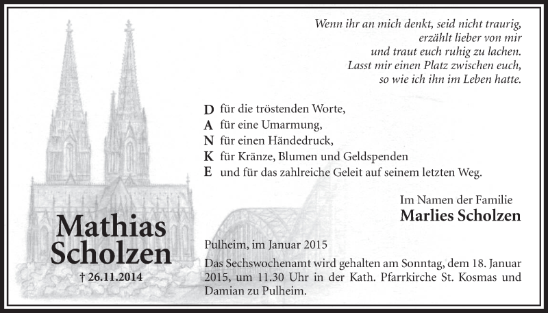  Traueranzeige für Marlies Scholzen vom 10.01.2015 aus  Sonntags-Post 