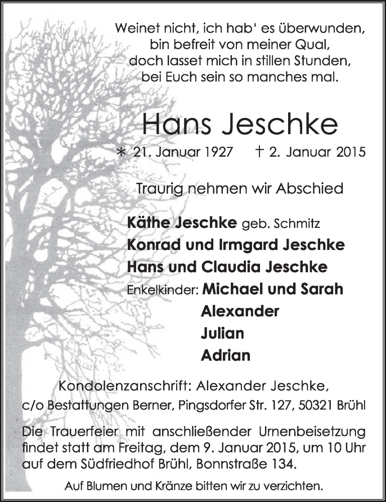  Traueranzeige für Hans Jeschke vom 07.01.2015 aus  Schlossbote/Werbekurier 