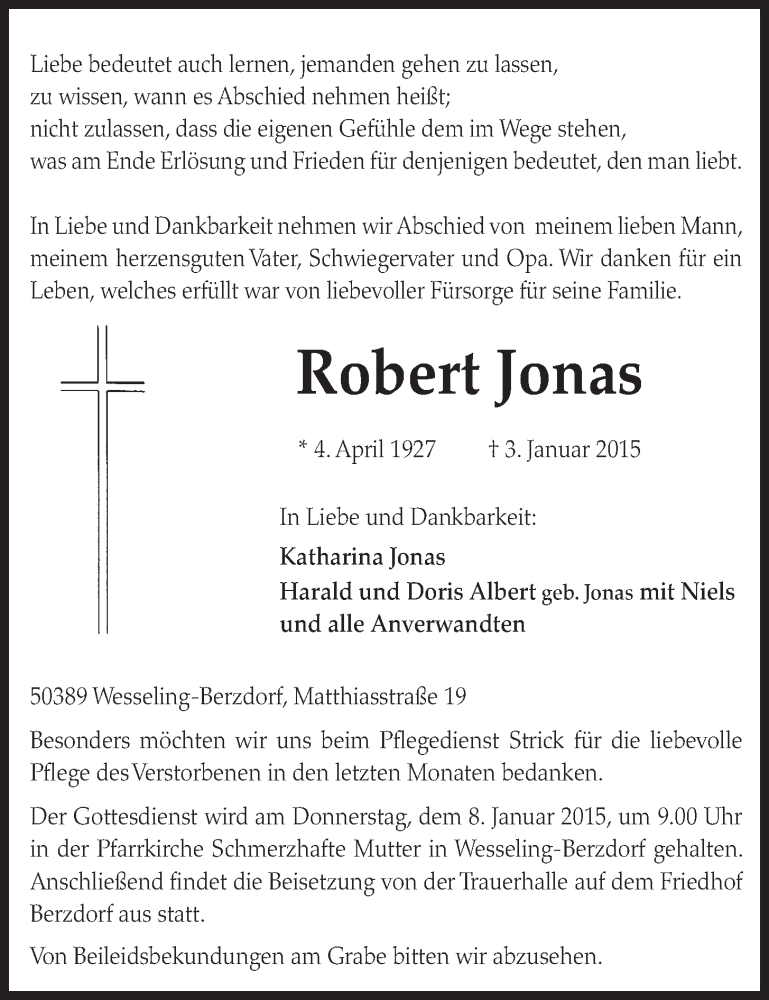  Traueranzeige für Robert Jonas vom 07.01.2015 aus  Schlossbote/Werbekurier 