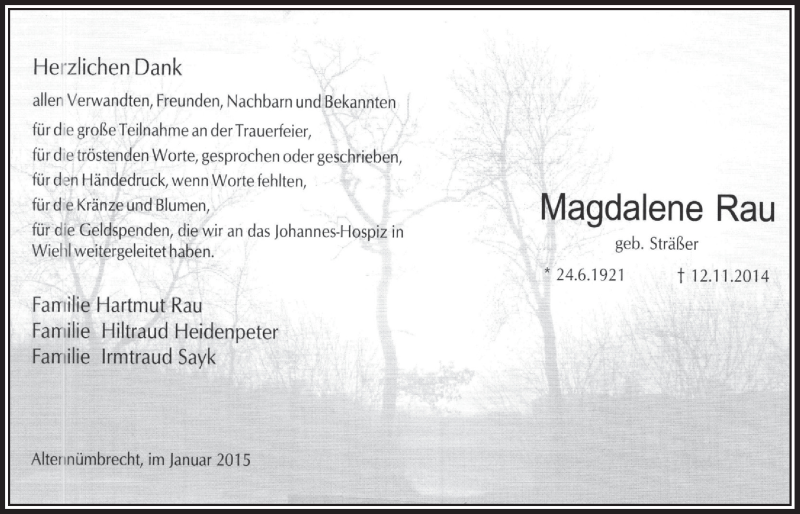 Traueranzeige für Magdalene Rau vom 07.01.2015 aus  Lokalanzeiger 