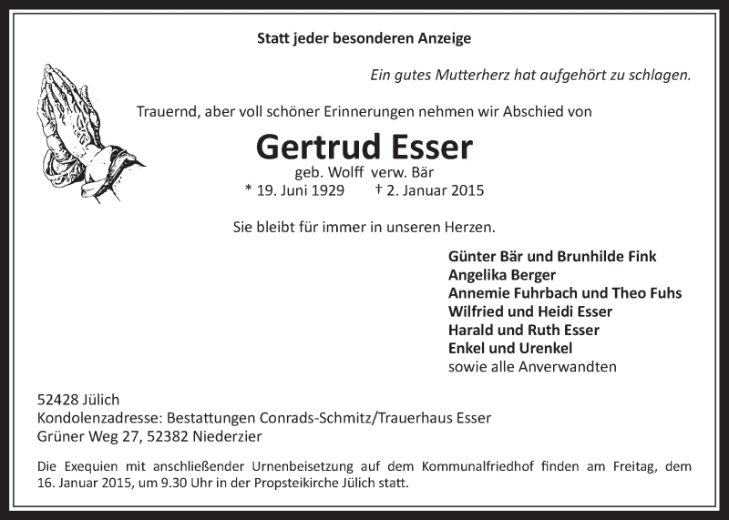  Traueranzeige für Gertrud Esser vom 07.01.2015 aus  Werbepost 