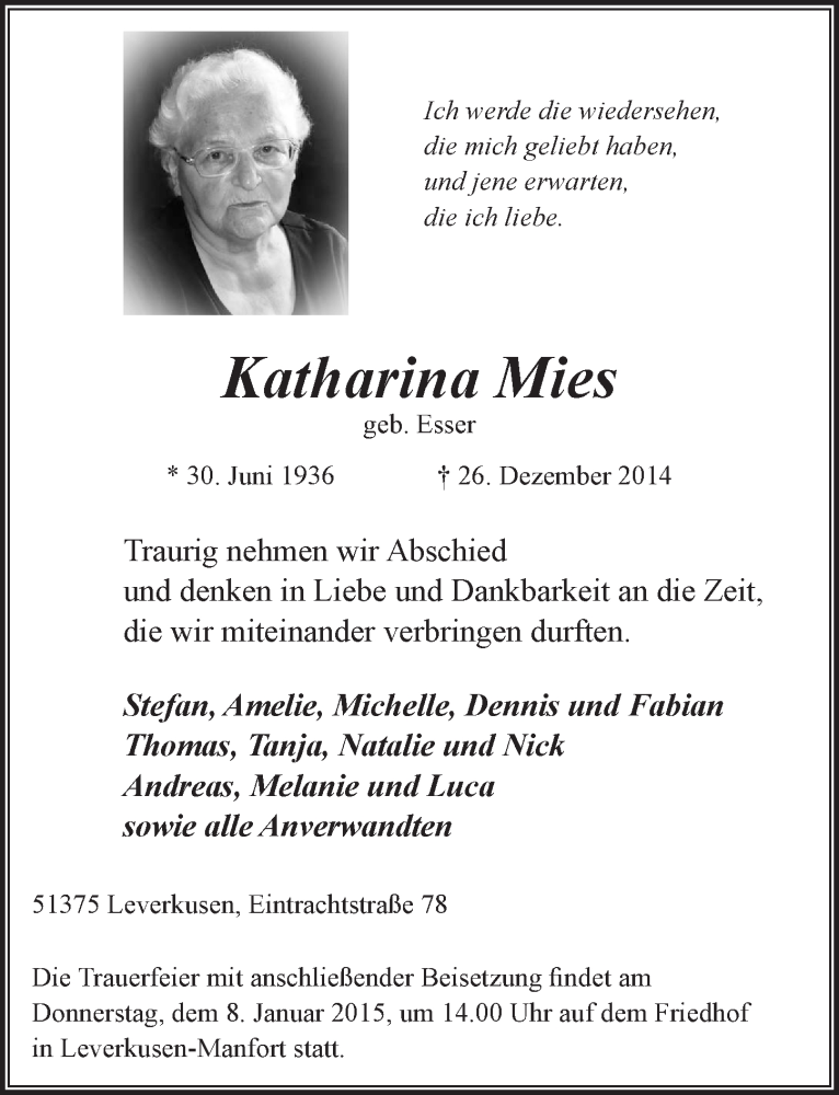  Traueranzeige für Katharina Mies vom 07.01.2015 aus  Lokale Informationen 