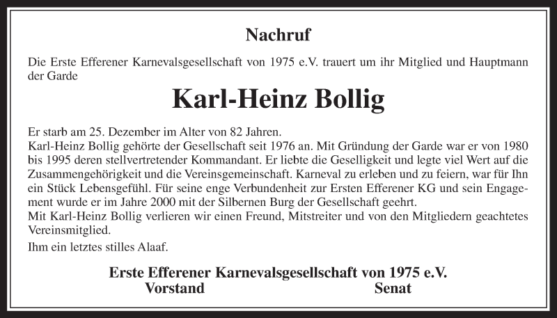  Traueranzeige für Karl-Heinz Bollig vom 07.01.2015 aus  Wochenende 