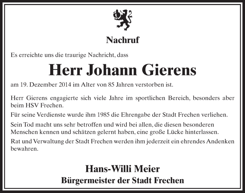  Traueranzeige für Johann Gierens vom 10.01.2015 aus  Sonntags-Post 