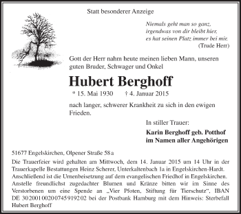 Anzeige von Hubert Berghoff von  Anzeigen Echo 
