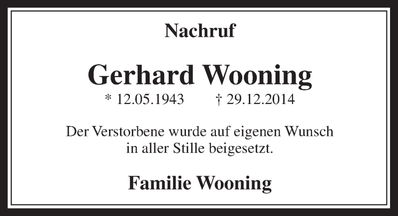  Traueranzeige für Gerhard Wooning vom 10.01.2015 aus  Sonntags-Post 