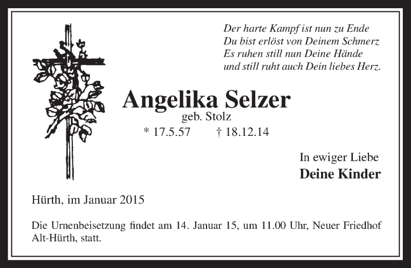  Traueranzeige für Angelika Selzer vom 10.01.2015 aus  Sonntags-Post 