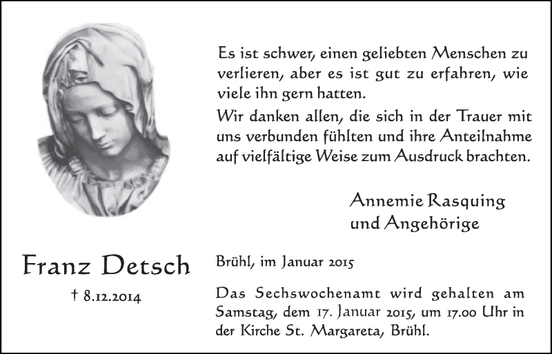  Traueranzeige für Franz Detsch vom 14.01.2015 aus  Schlossbote/Werbekurier 