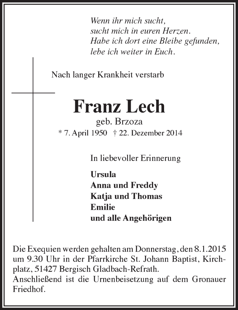  Traueranzeige für Franz Lech vom 07.01.2015 aus  Bergisches Handelsblatt 