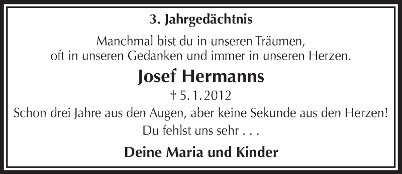  Traueranzeige für Josef Hermanns vom 07.01.2015 aus  Bergisches Handelsblatt 