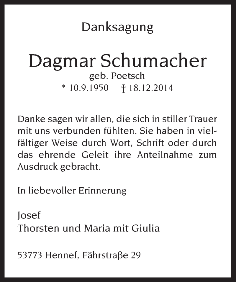  Traueranzeige für Dagmar Schumacher vom 10.01.2015 aus  Rhein-Sieg-Wochenende 